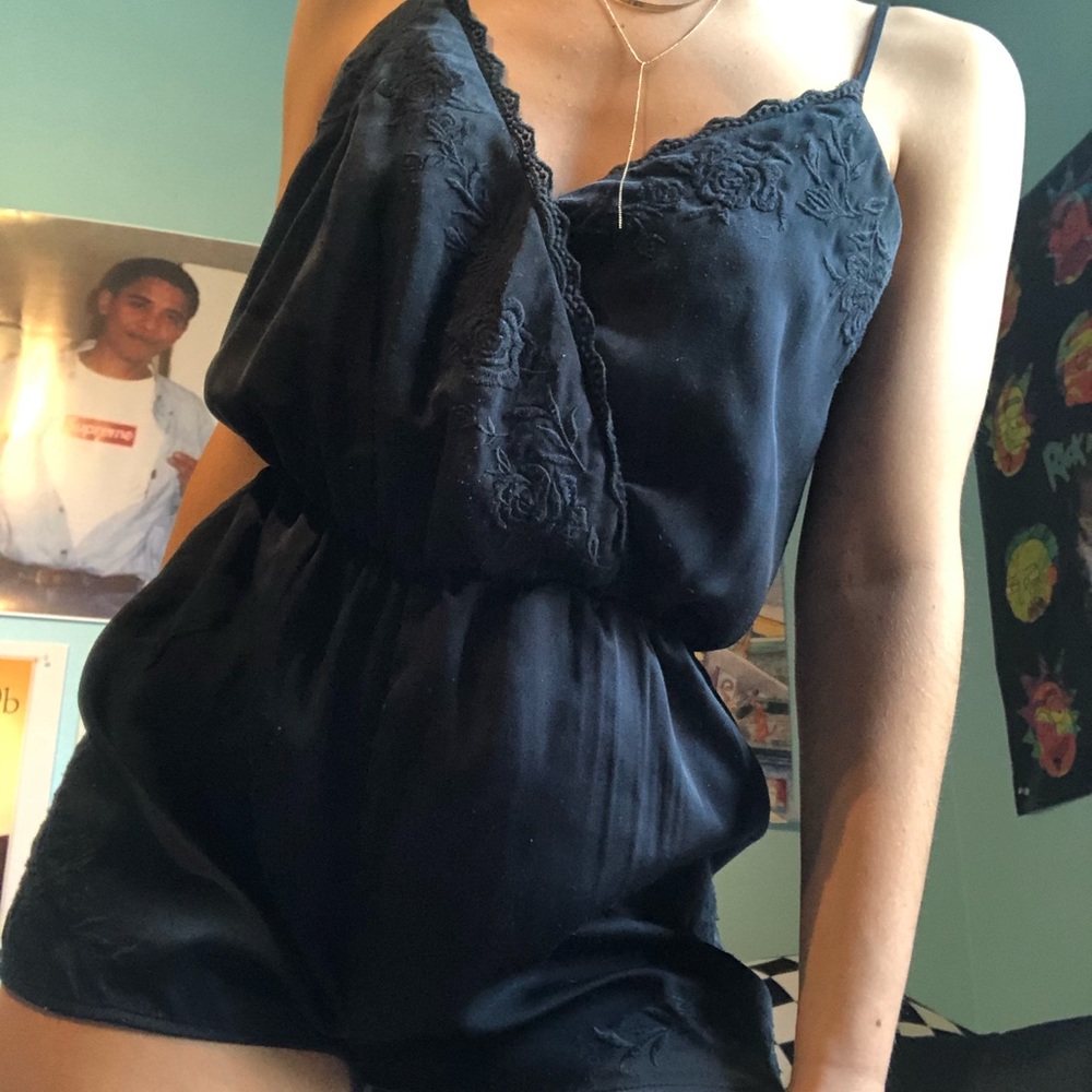 Black satin embroidered romper